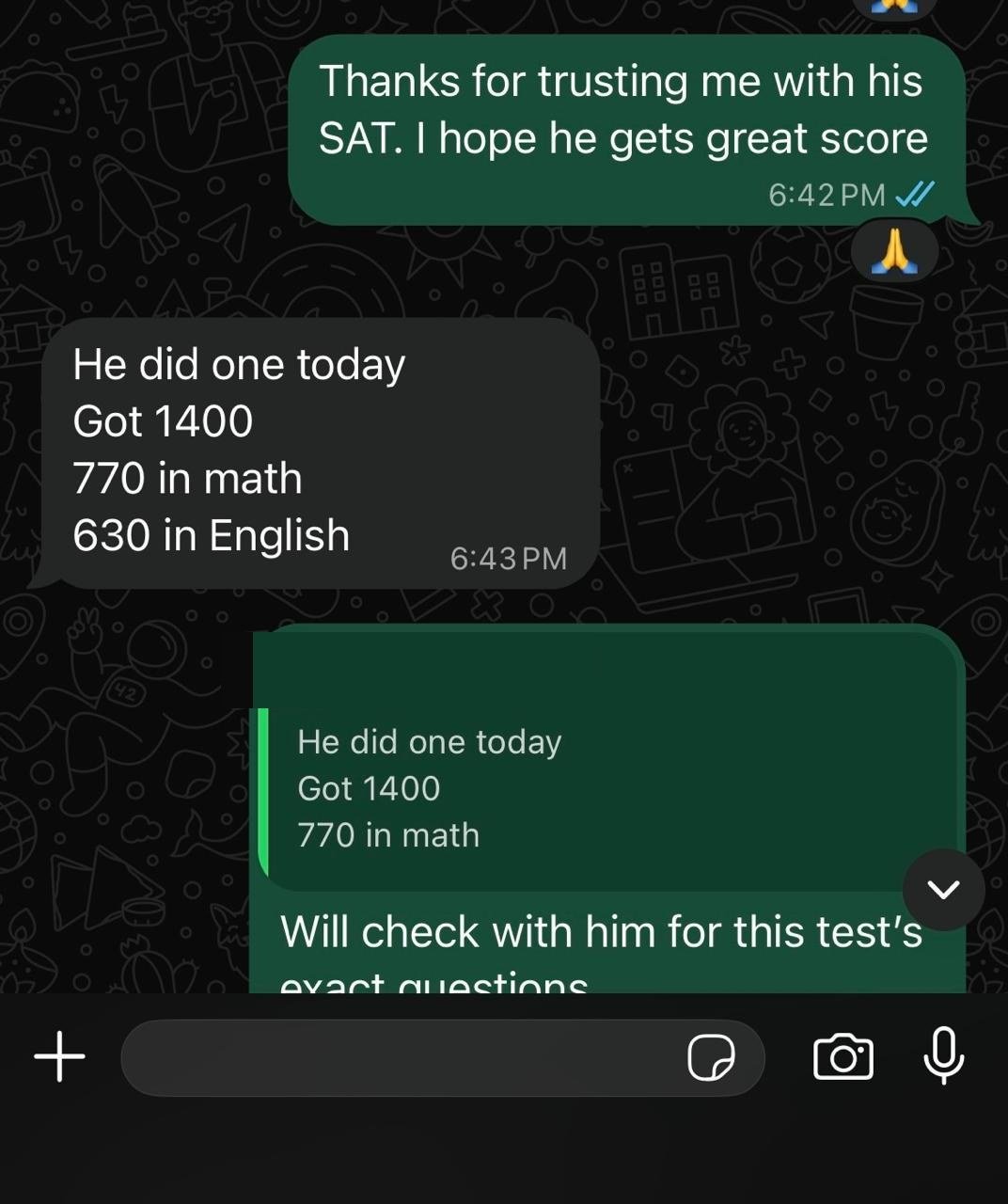 WhatsApp chat: a parent reports their son scored 1400 on a practice test, 770 in Math and 630 in English.