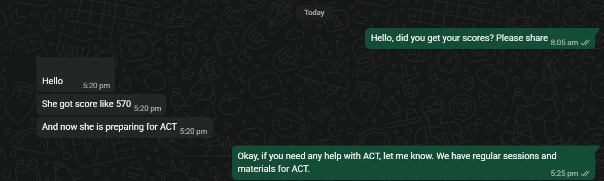 WhatsApp chat: a parent reports their daughter scored about 570, up from 400 in Reading and Writing, and is now preparing for the ACT.