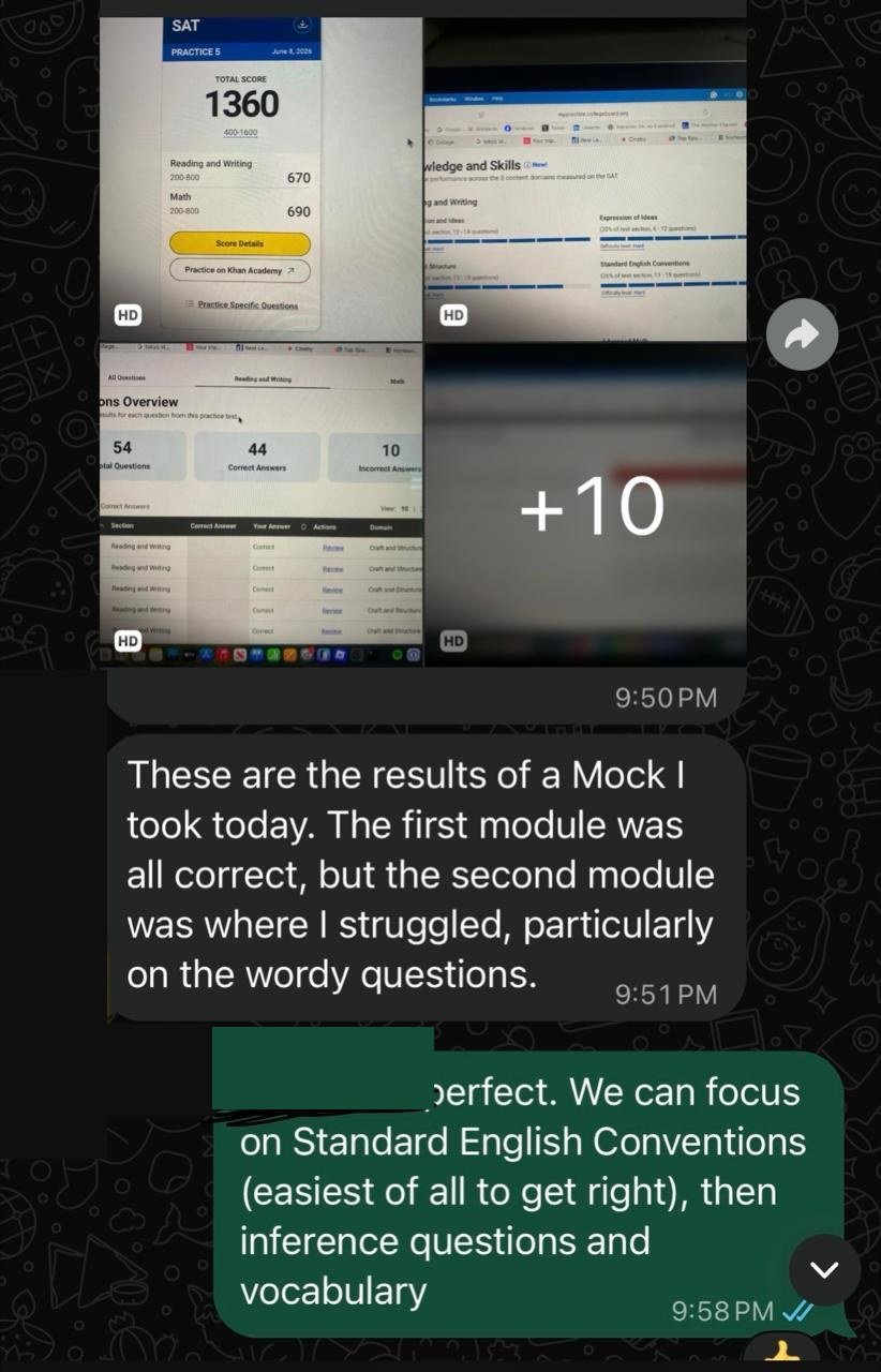 WhatsApp chat: student shares Bluebook practice test 5 results, total 1360, Reading and Writing 670, Math 690, and the tutor replies with a focus plan.