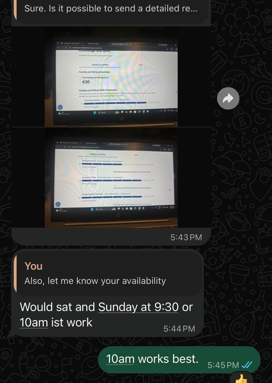 WhatsApp chat: a student shares photos of their College Board score report, Reading and Writing 630 with a domain-by-domain breakdown, and books a review session.